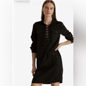 New Lauren Ralph Lauren Black Lace Up Twill Dress Sz 4 Knee Length